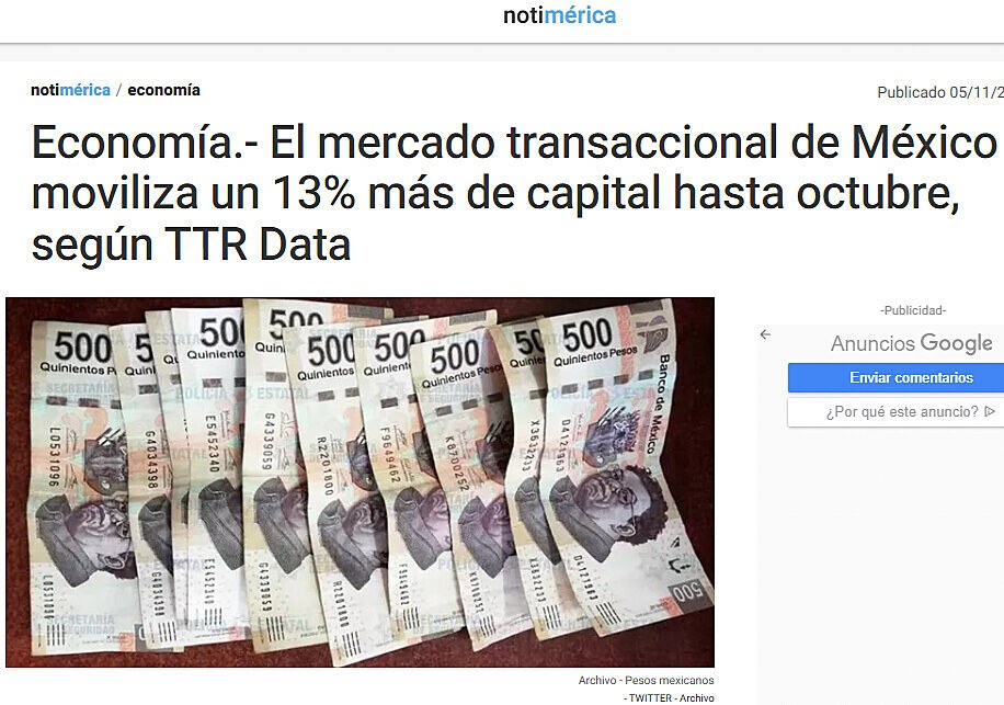 Economa.- El mercado transaccional de Mxico moviliza un 13% ms de capital hasta octubre, segn TTR Data